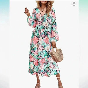 ININ FLORAL DRESS LONG SLEEVE BOHO VNECK RUFFLE MIDI BEACH DRESS SIZE XL NWT
